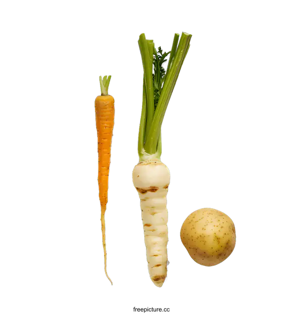 [Transparent Background PNG]Fresh Carrot Parsnip and Potato on White Background