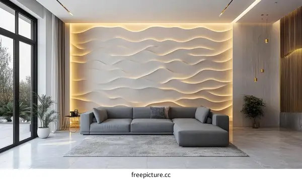 Modern Living Room with Wave-Patterned Wall