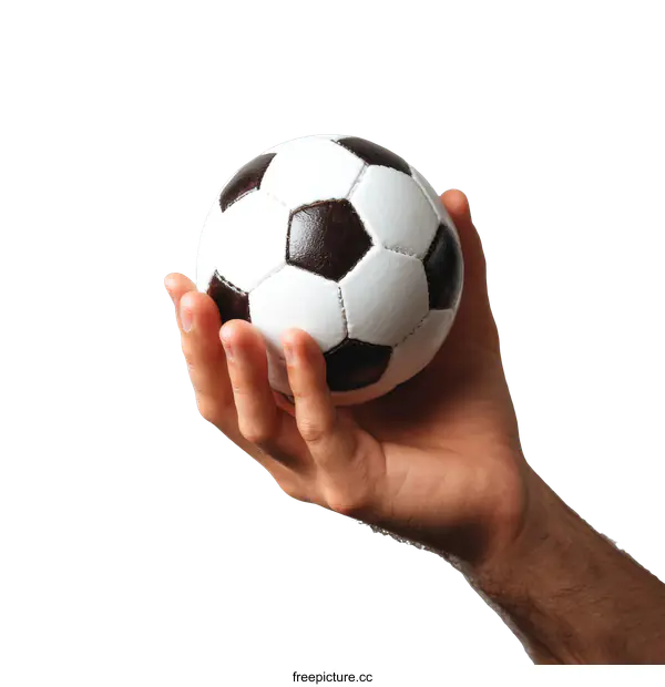 [Transparent Background PNG]Hand Holding Small Soccer Ball Against Gray Background