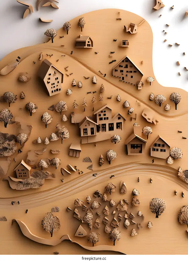 Paper Art Miniature Village Landscape With Houses And Trees
