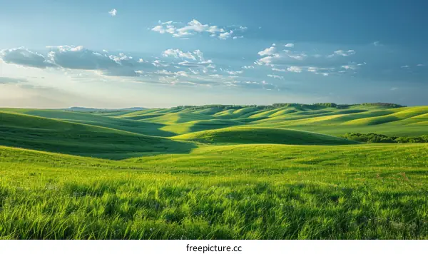 Serene Green Hills Underneath Blue Sky and White Clouds