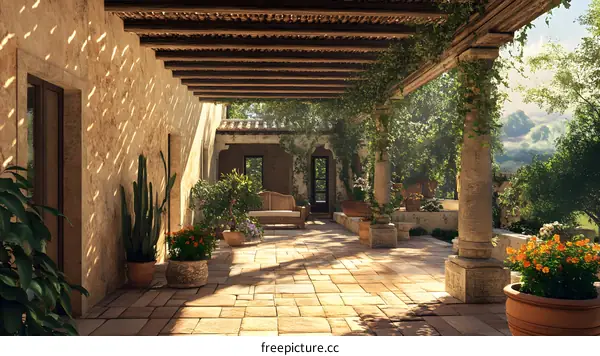 Italian Villa Patio With Stone Columns And Wicker Furniture