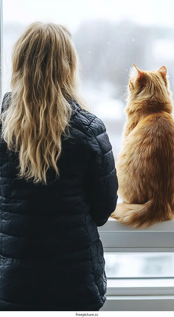 Woman and Cat at Winter Window