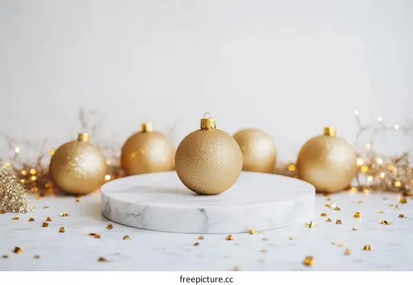 Golden Christmas Ornaments on a Marble Display