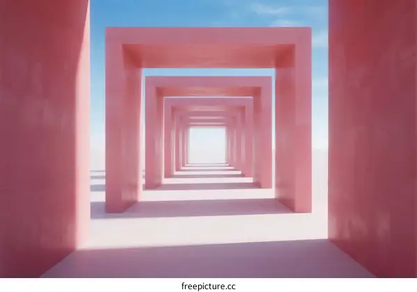 A Series of Pink Geometric Arches Leading to a Distant Sky