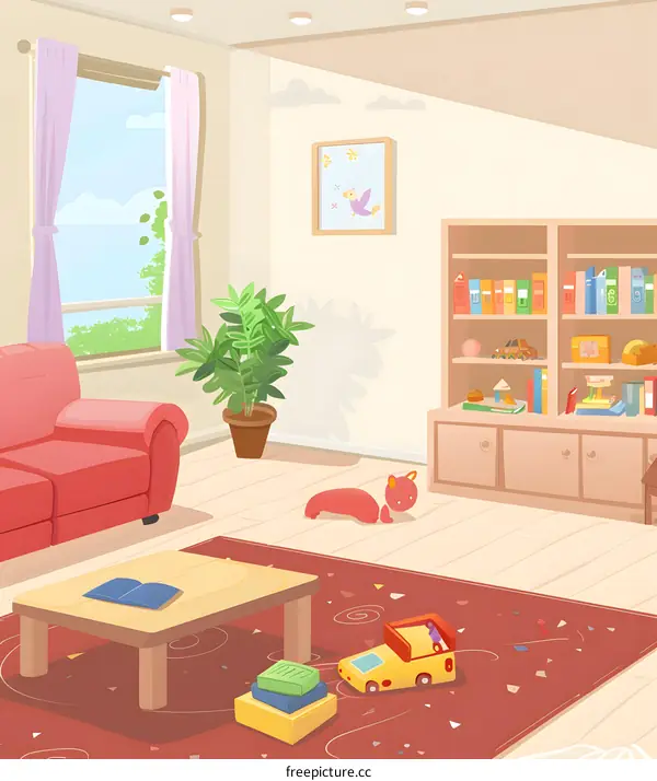 Cartoon Illustration Of A Living Room With A Red Sofa And A Wooden Coffee Table