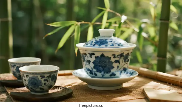Traditional Chinese Porcelain Tea Set with Blue and White Patterns