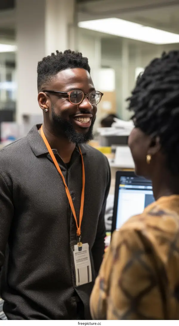 Smiling man talking to woman