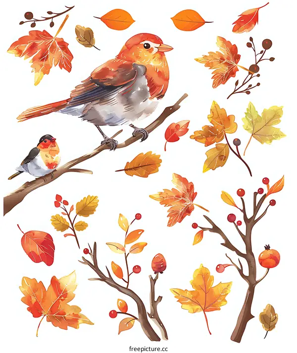 Watercolor Autumn Illustration with Birds and Leaves