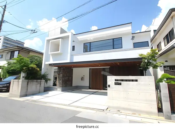Modern White House With Wooden Accents and a Concrete Gate