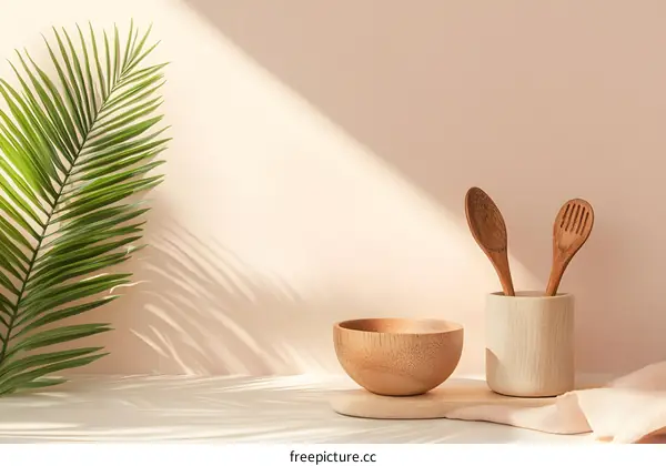 Minimalist Kitchen Setup With Wooden Utensils and Bowl on White Surface