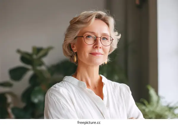 Mature woman with short blonde hair wearing white shirt standing indoors