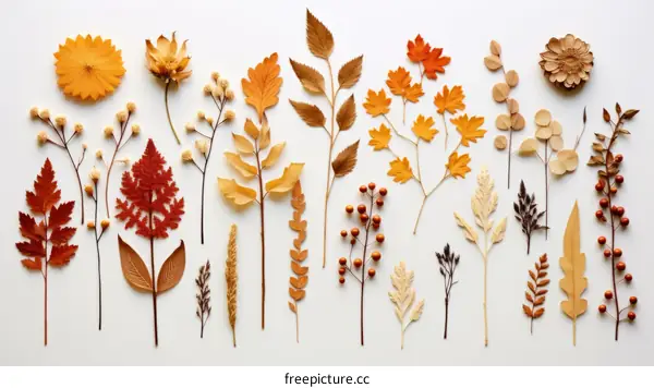 An assortment of colorful dried autumn leaves and flowers on a white background