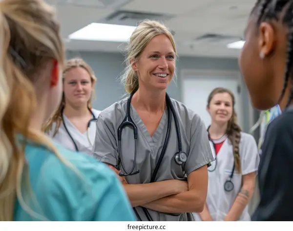 Four smiling female medical professionals in scrubs