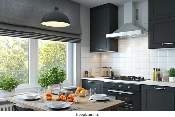 Modern Kitchen with Natural Light and Gray Blinds