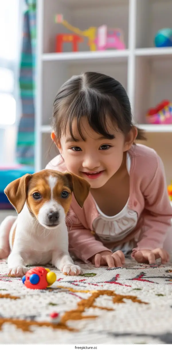 A little girl playing with a puppy