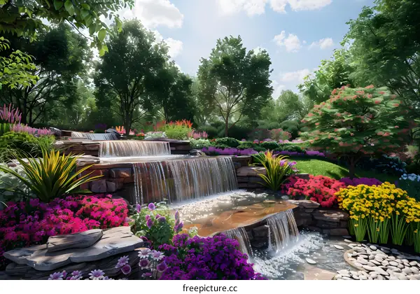 Colorful flowers and a small waterfall in a lush green garden