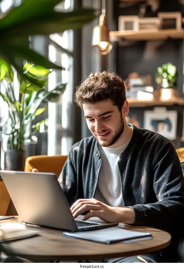 Young Man Working on Laptop in Cafe