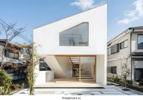 Modern White House with Wooden Accents and Geometric Windows