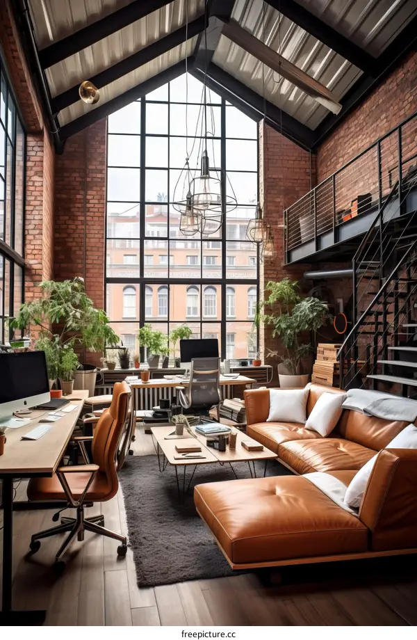 Industrial Loft Office Space with Brick Walls and Large Windows