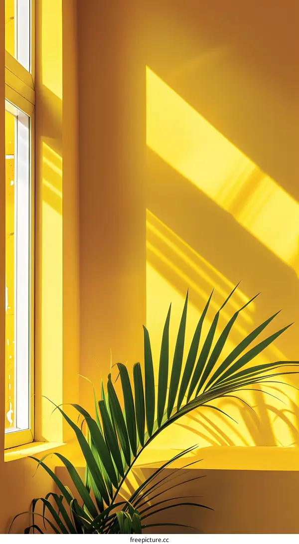 Yellow Wall with Palm Leaf and Sunlight