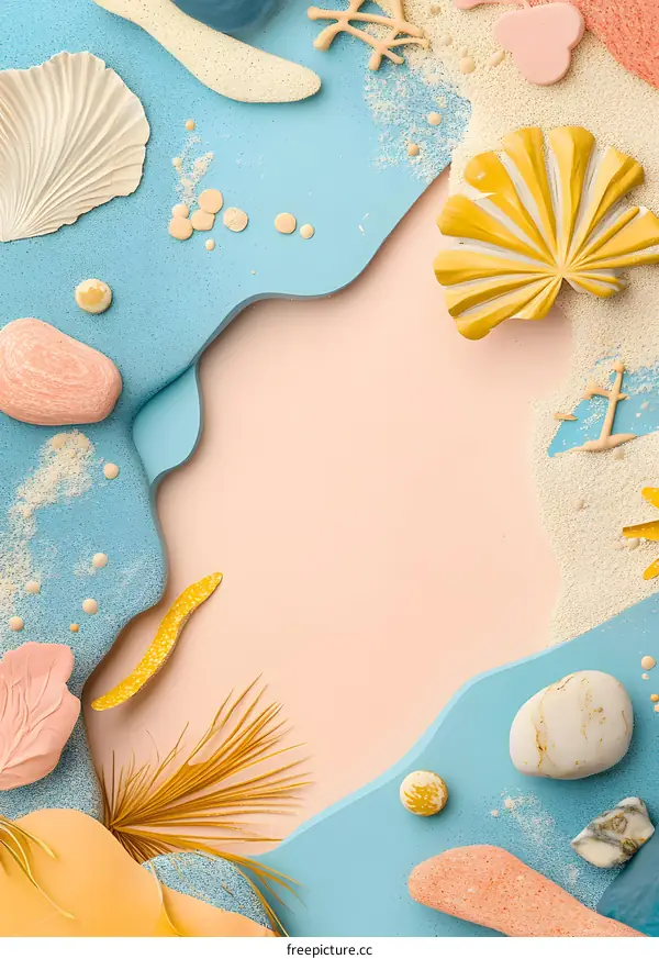 Abstract Summer Background With Seashells And Palm Leaves