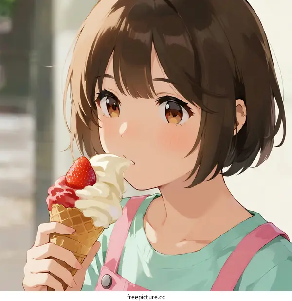 A Young Girl Enjoying a Delicious Strawberry Ice Cream Cone