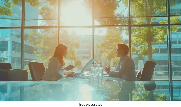 Business meeting in a modern office with large windows