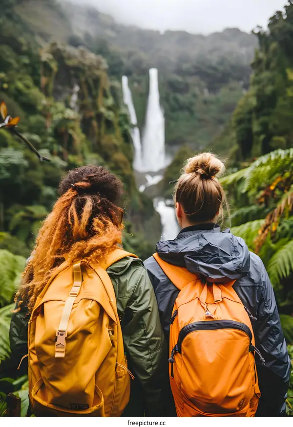 Two Hikers With Backpacks View Waterfall in Lush Forest