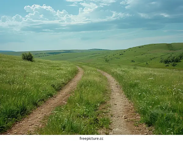 Dirt road through a green hilly field with white flowers