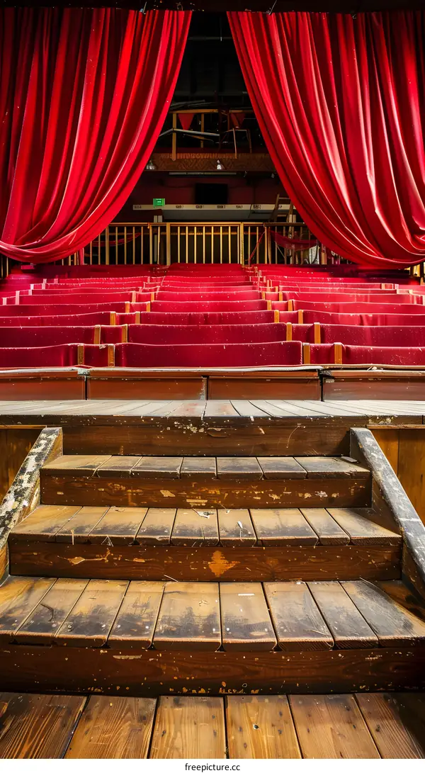 Red Curtains and Wooden Steps on Stage