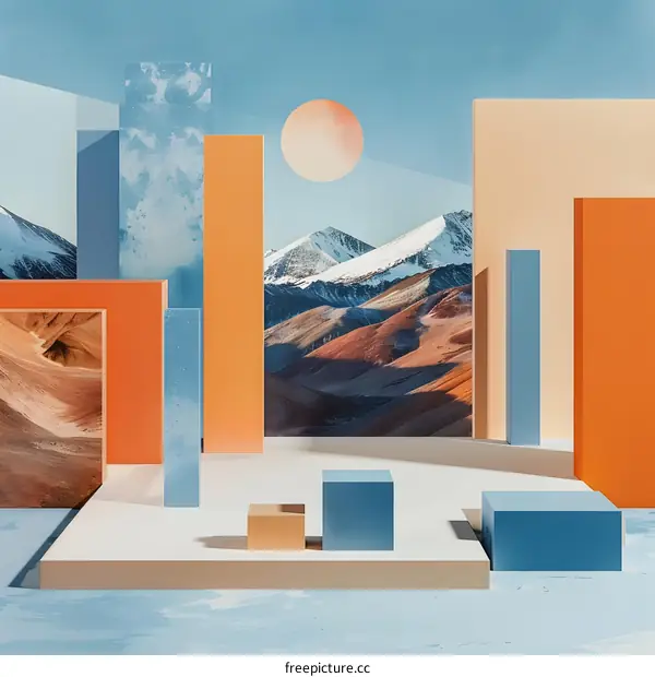 Abstract Mountain Landscape with Geometric Shapes and Sun