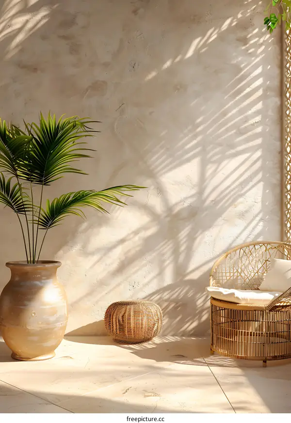 Rattan Chair and Potted Plant in a Sunny Room