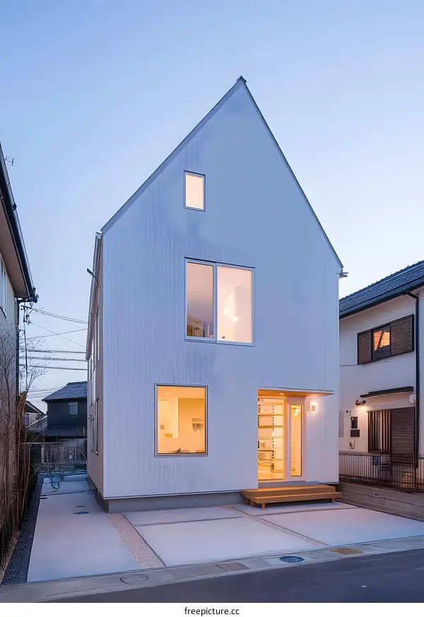 Modern White House with Windows and a Wooden Front Door