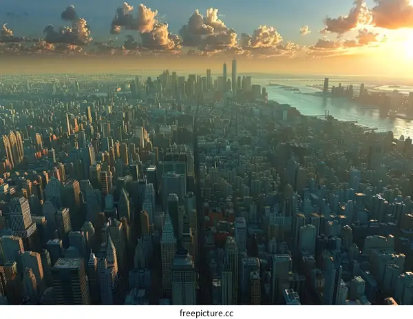 Aerial View of a Modern City Skyline at Sunset