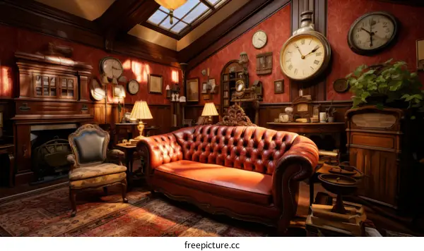 retro style living room with red leather sofa