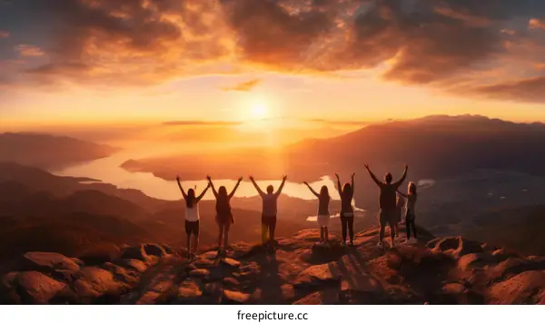 A group of friends standing on a mountaintop at sunset with their arms in the air