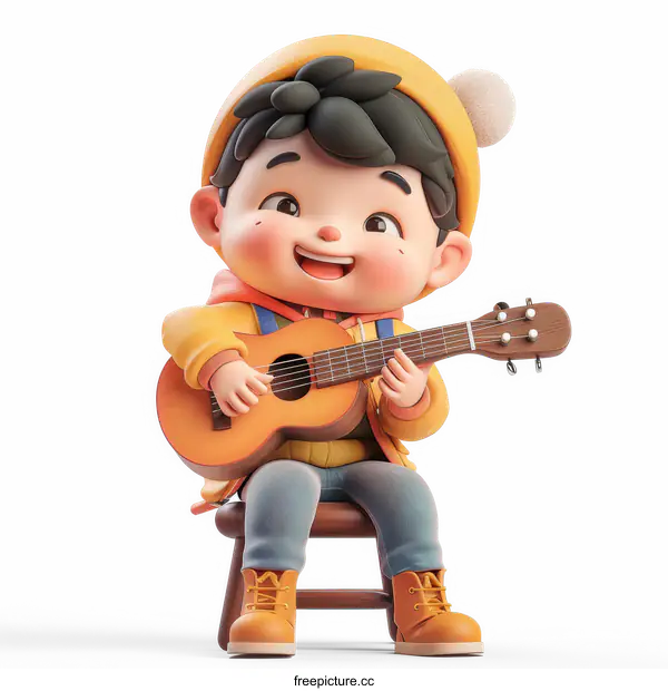 [Transparent Background PNG]A cute 3D cartoon boy playing guitar