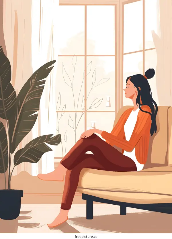 Woman Sitting by the Window in a Cozy Living Room