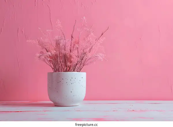 Pink Dried Flowers In White Pot On Pink Background
