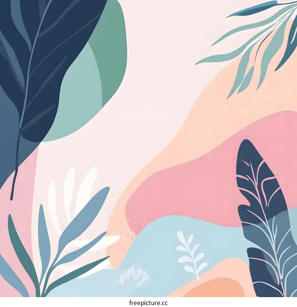 Abstract Illustration of Tropical Plants and Leaves with Pink and Blue Color Palette
