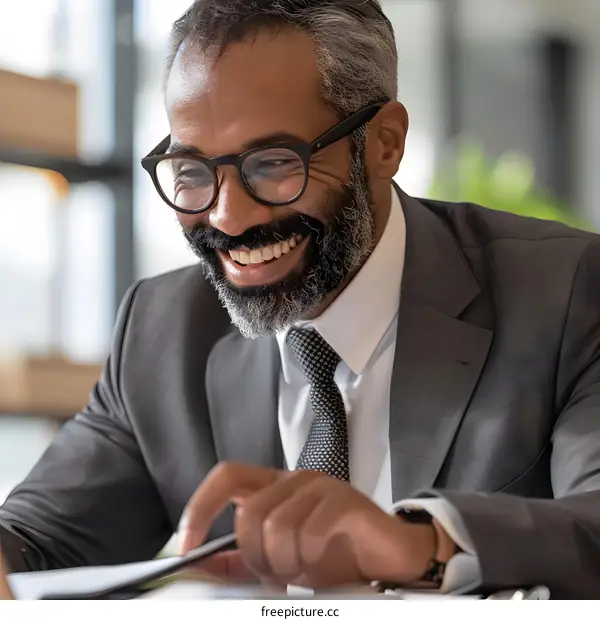 Happy Businessman Looking at Laptop Smiling at Work