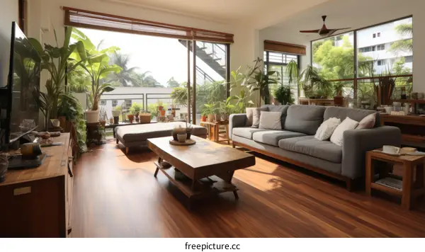 Indoor garden living room with large windows and lots of plants