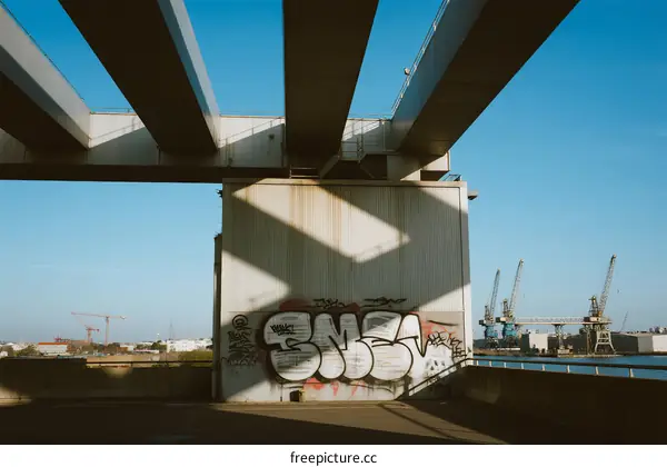 Under a Modern Bridge with Urban Graffiti and Industrial Cranes