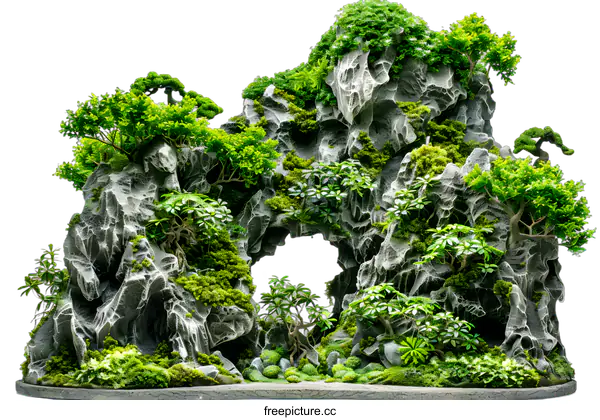 [Transparent Background PNG]Green Moss and Rocks Landscape with Hole