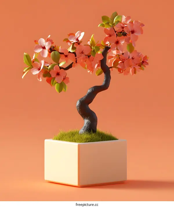 Bonsai Tree with Pink Flowers and Green Leaves in a White Pot