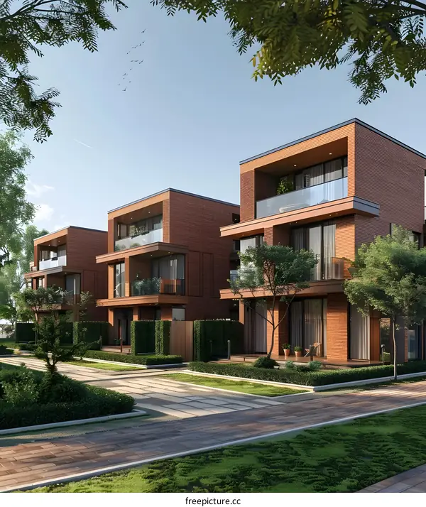 Modern Brick Townhouses with Green Landscaping