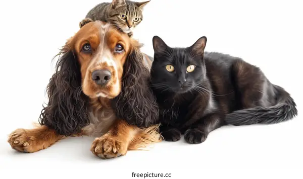 A dog and two cats are lying on the ground