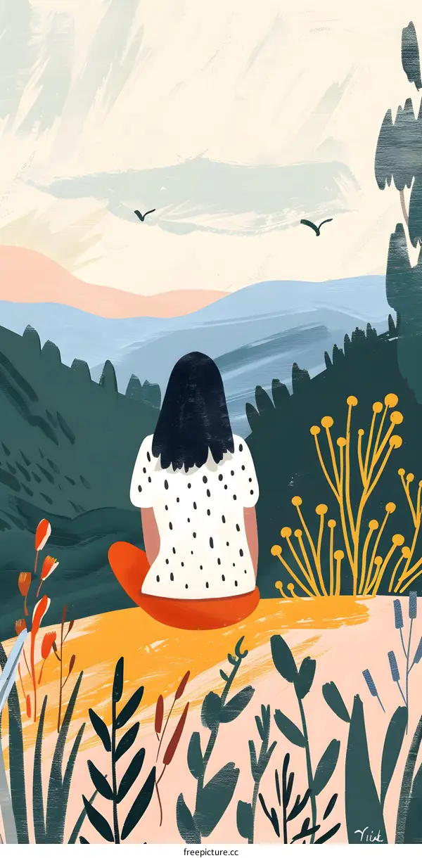 Woman Sitting on Hilltop with Mountain View Illustration