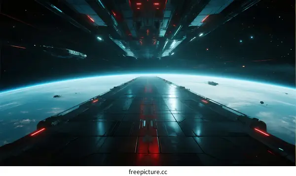 A Futuristic Space Station Above a Blue Planet with Red Lights